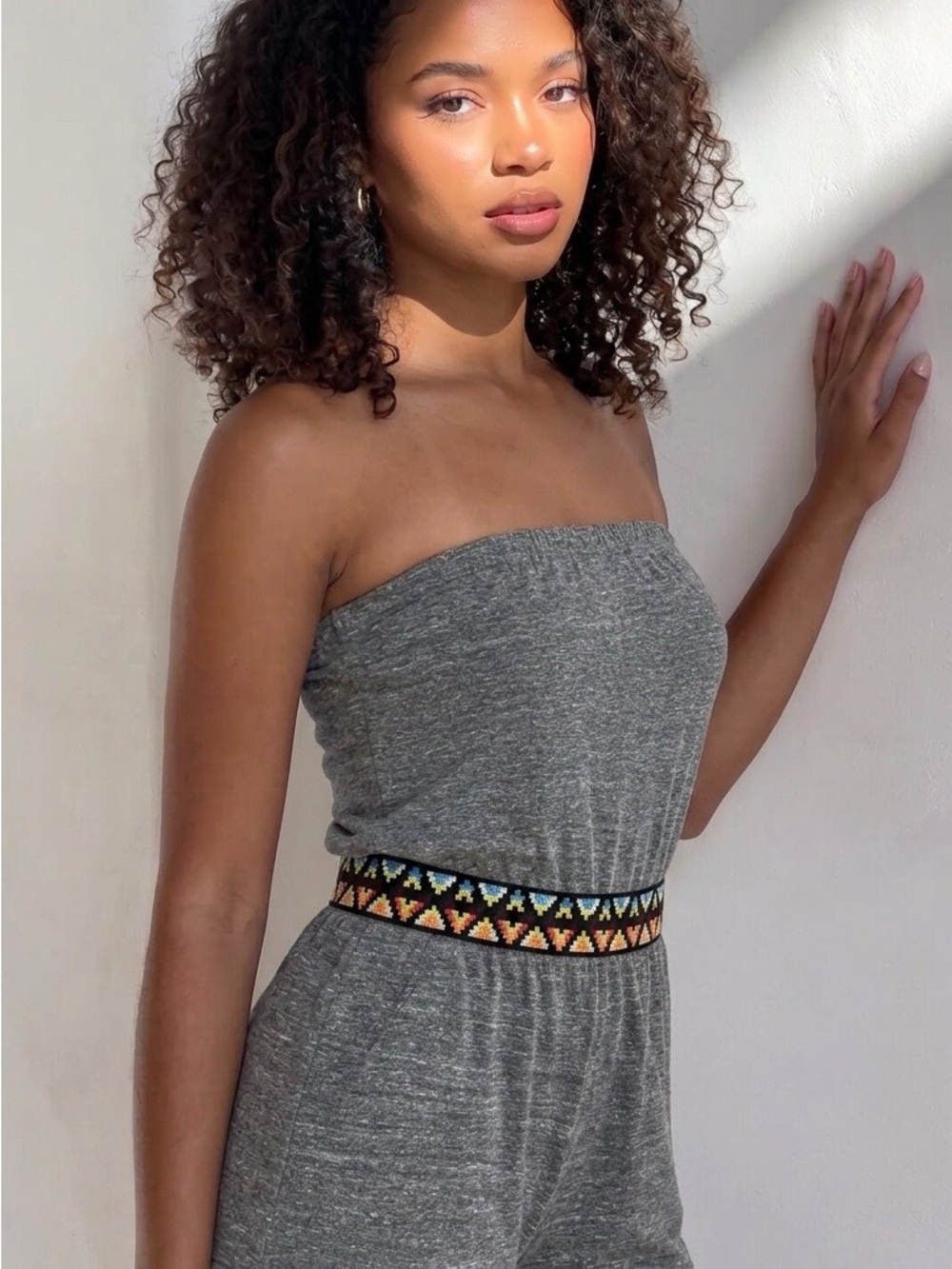 Lucky Brand Strapless Grey Jumpsuit with Embroidered Waistband